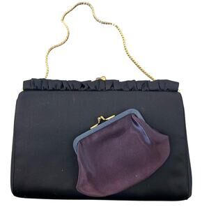 MM Satin- purse mirror coin purse- dark purple black- gold chain- ruffle-vintage